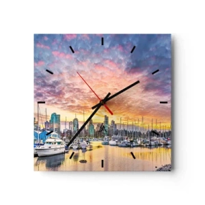 Zegar ścienny - Marina z jachtami i miejskim pejzażem o zachodzie słońca - 30x30cm - Miasto tysiąca żeglarzy - Nowoczesna dekoracja ścienna do salonu i sypialni ARTTOR