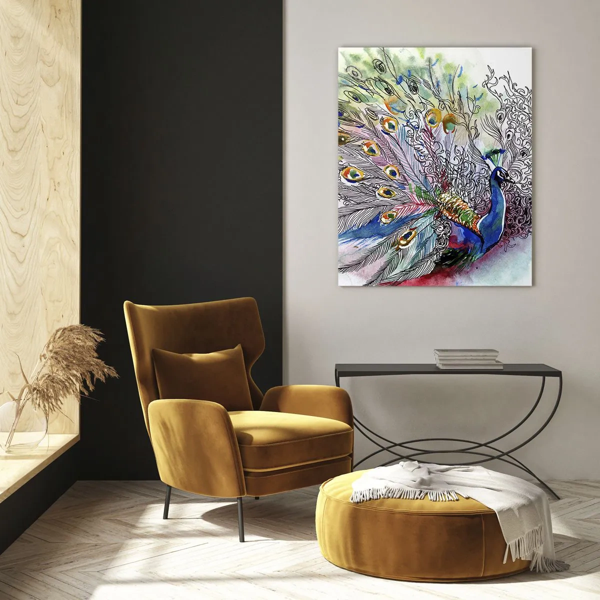 Obraz na szkle - Paw w kolorowym akwarelowym stylu z abstrakcyjnymi piórami - 70x100cm - Z dumą przeciw szarości - Nowoczesna dekoracja ścienna do salonu i sypialni ARTTOR