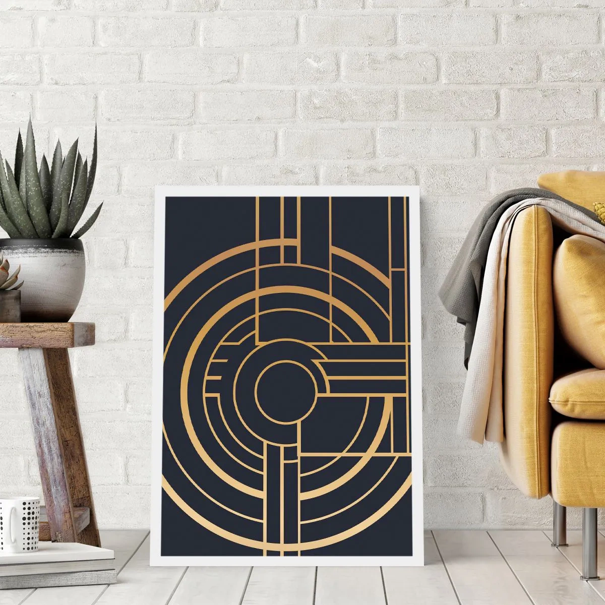 Plakat - Geometryczny wzór w stylu art deco z złotymi elementami na ciemnym tle - 50x70cm - Obroty rzeczy - Nowoczesna dekoracja ścienna do salonu, kuchni i sypialni ARTTOR