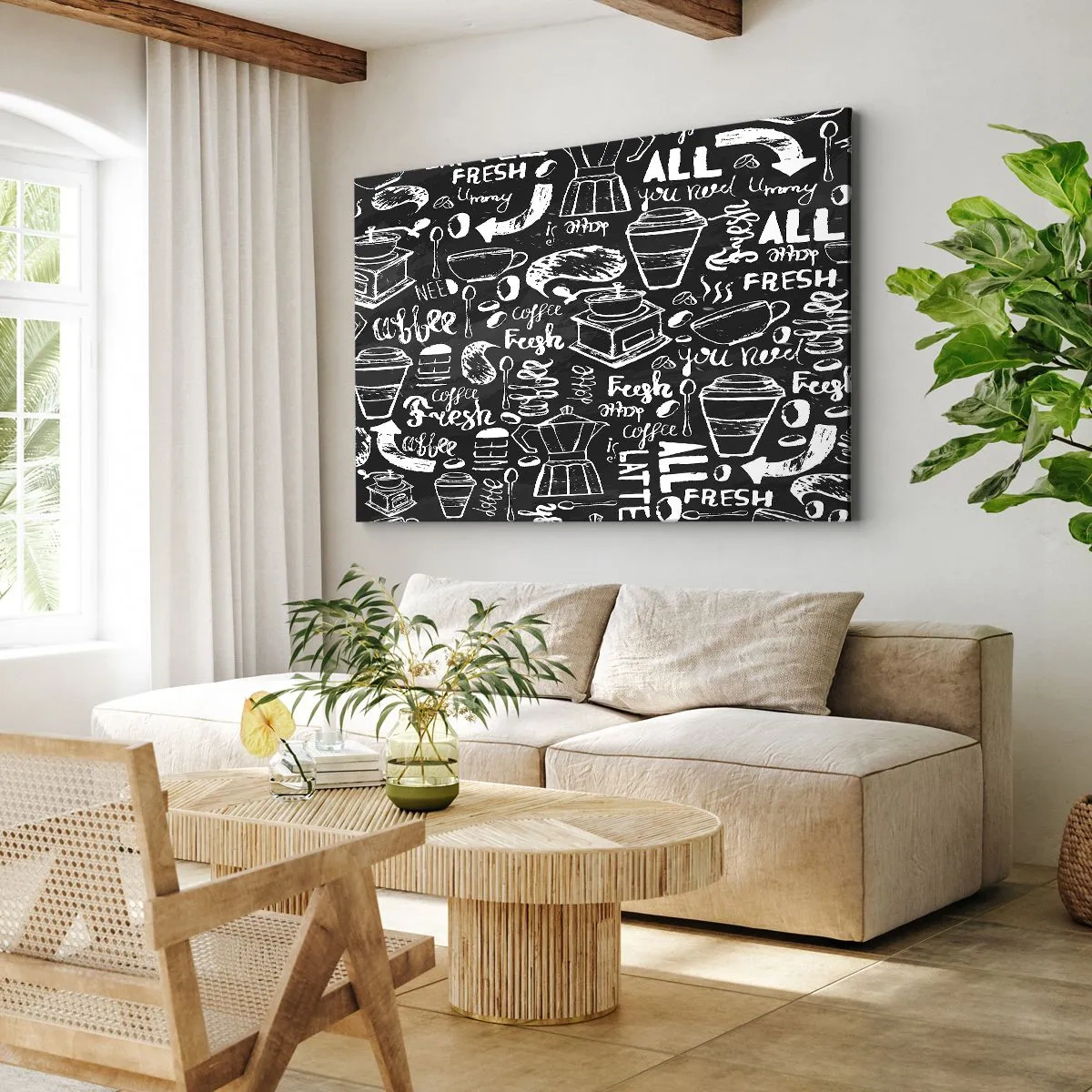 Obraz na płótnie - Stylowa grafika kawowa na czarnym tle - 100x70cm - All you need is… - Nowoczesna dekoracja ścienna do salonu, kuchni i sypialni ARTTOR