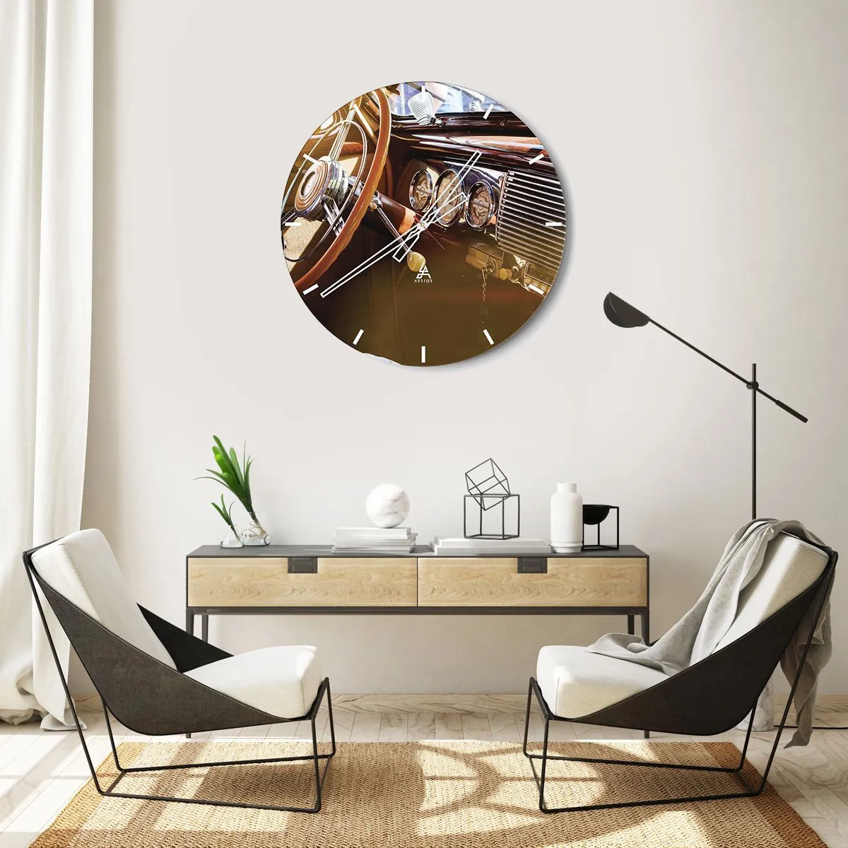 Zegar ścienny - Wnętrze klasycznego samochodu z drewnianym wykończeniem - 30x30cm - Powiew luksusu z przeszłości - Nowoczesna dekoracja ścienna do salonu, kuchni i sypialni ARTTOR