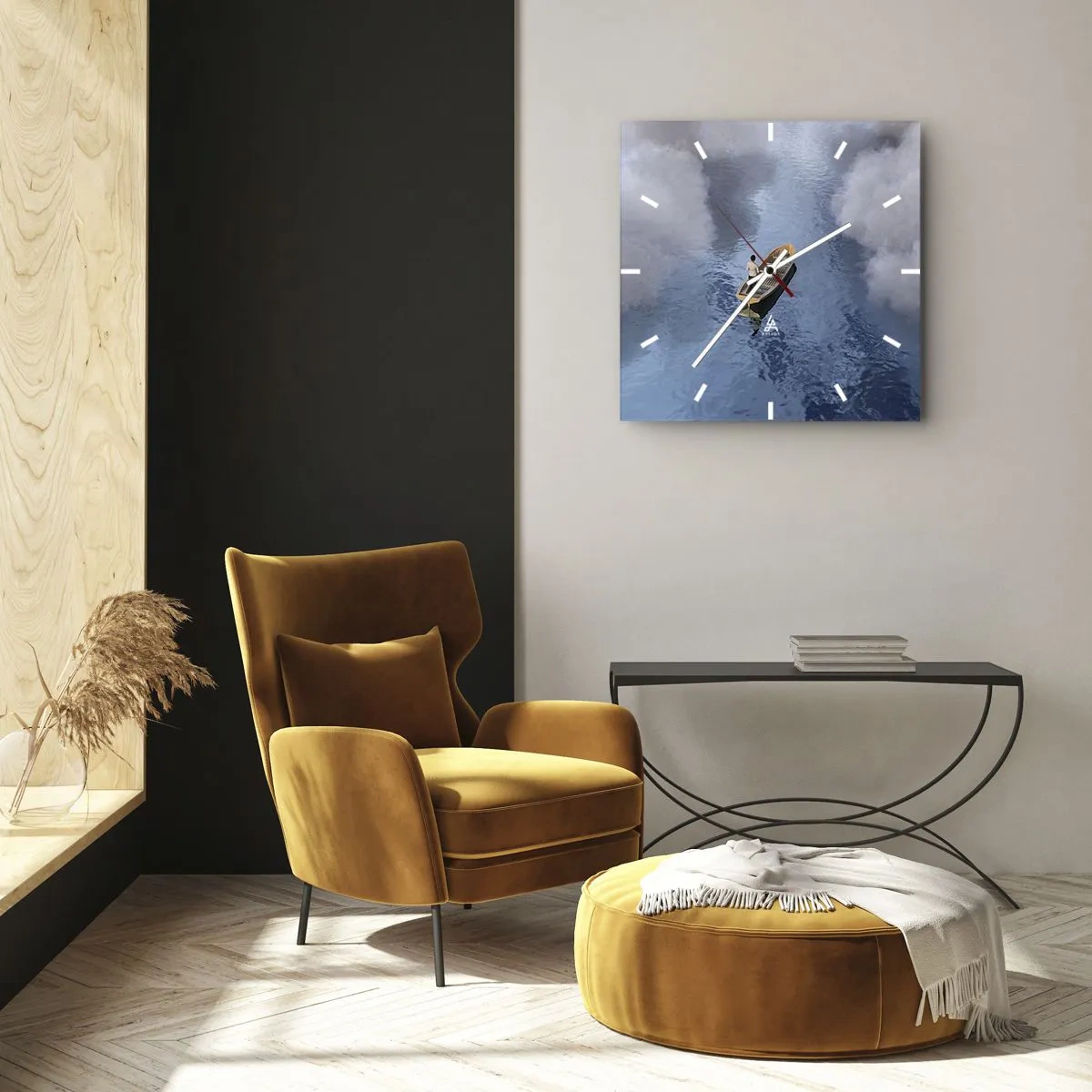 Zegar ścienny - Mężczyzna w łódce na spokojnym morzu otoczonym chmurami - 30x30cm - Życie – podróż – niewiadoma - Nowoczesna dekoracja ścienna do salonu i sypialni ARTTOR
