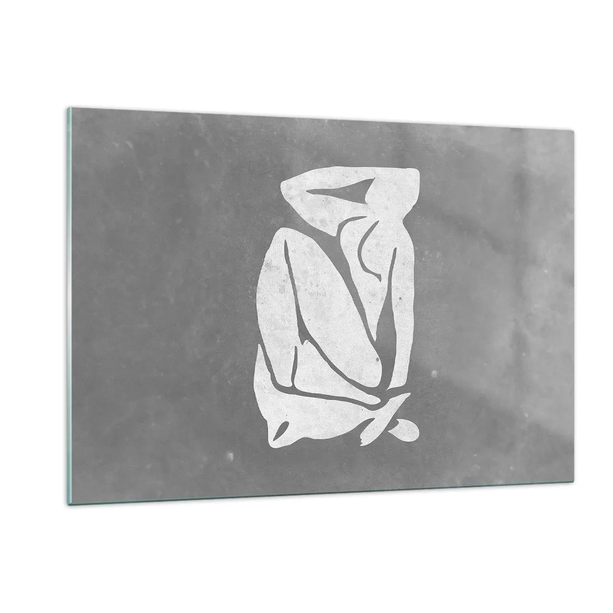 Obraz na szkle - Minimalistyczna sylwetka kobiety na szarym tle - 120x80cm - W zamyśleniu - Nowoczesna dekoracja ścienna do salonu, kuchni i sypialni ARTTOR