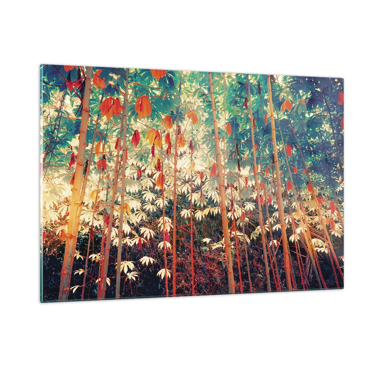 Obraz na szkle - Kolorowy las bambusowy z ciepłym oświetleniem - 120x80cm - Tajemne życie liści - Nowoczesna dekoracja ścienna do salonu, kuchni i sypialni ARTTOR