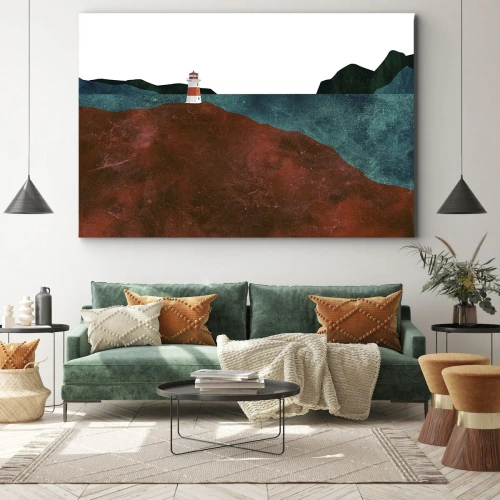 Obraz na płótnie - Wpatrzona w morze - Latarnia morska na tle gór i morza - 70x50cm