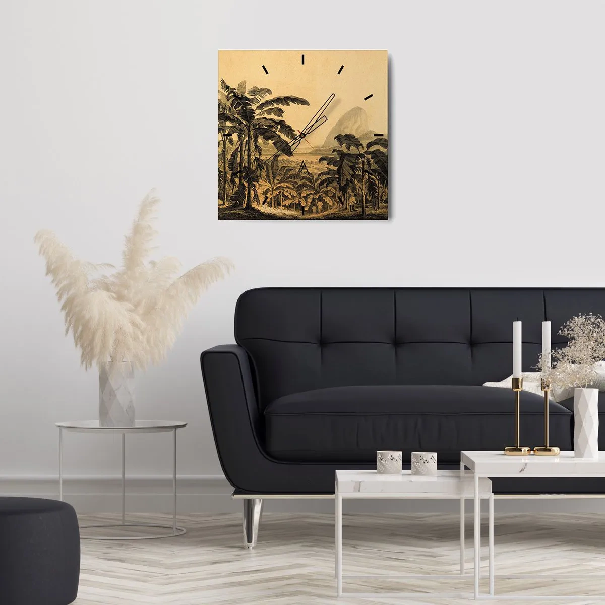 Zegar ścienny - Rysunek bananowców na tle tropikalnego krajobrazu - 30x30cm - w kolonialnym klimacie - Nowoczesna dekoracja ścienna do salonu i sypialni ARTTOR