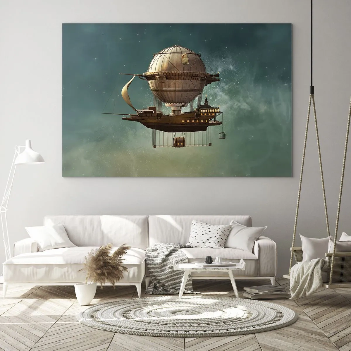 Obraz na szkle - Latający sterowiec z domem w stylu retro na tle nieba - 70x50cm - Juliusz Verne pozdrawia - Nowoczesna dekoracja ścienna do salonu i sypialni ARTTOR