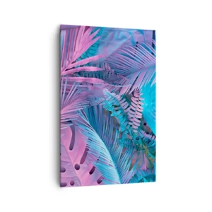 Obraz na płótnie - Tropikalne liście w odcieniach różu i błękitu - 80x120cm - Tropiki w różu i błękicie - Nowoczesna dekoracja ścienna do salonu i sypialni ARTTOR