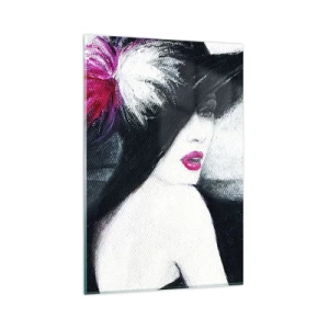 Obraz na szkle - Stylowa kobieta w kapeluszu z piórami - 80x120cm - Zawsze tajemnica - Nowoczesna dekoracja ścienna do salonu i sypialni ARTTOR