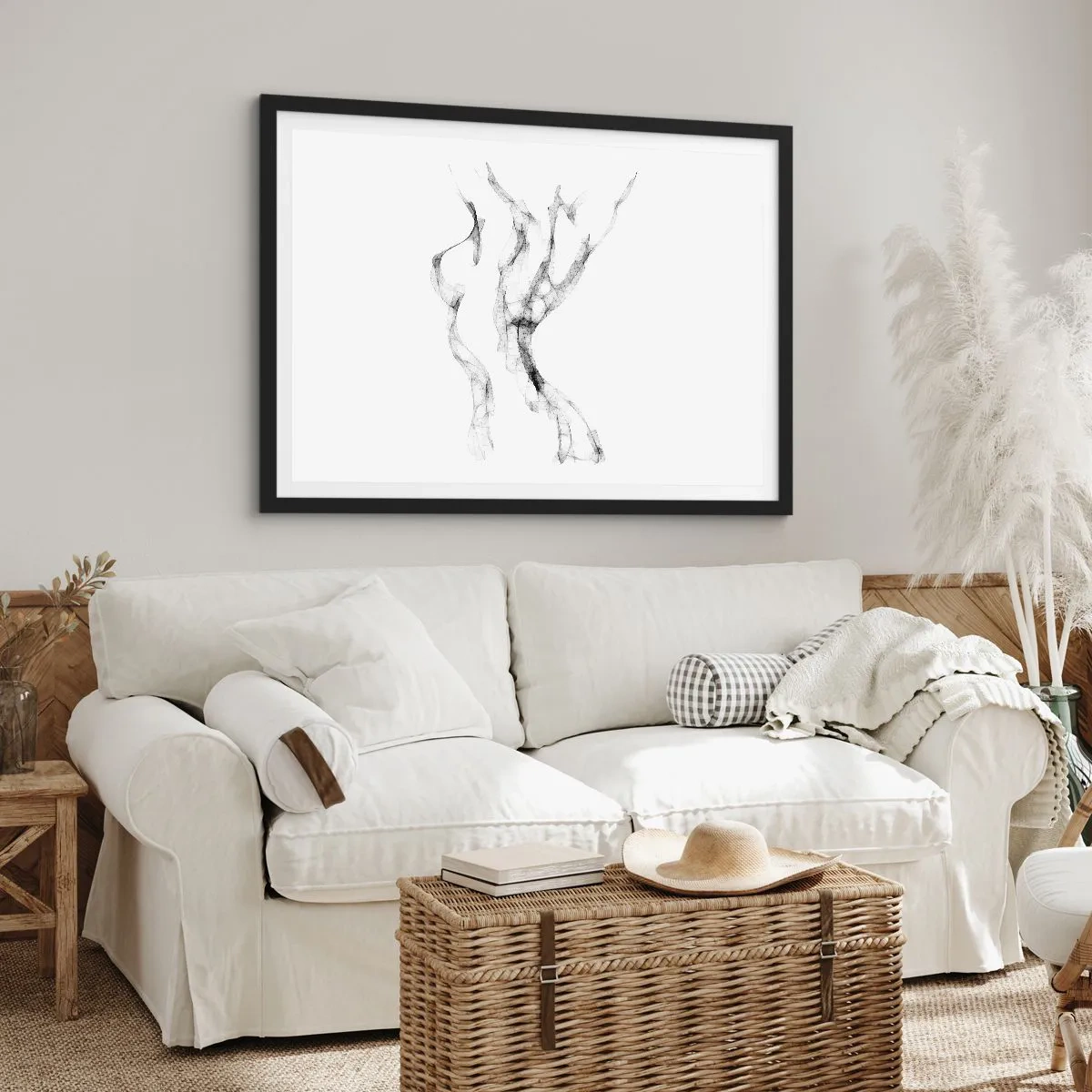 Plakat w czarnej ramie - Delikatne, abstrakcyjne linie przypominające smugi dymu na jasnym tle - 100x70cm - Piękna i silna - Nowoczesna dekoracja ścienna do salonu i sypialni ARTTOR