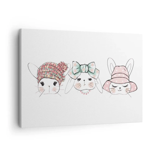 Obraz na płótnie - Urocze króliczki w pastelowych nakryciach głowy - 70x50cm - Zamyślona, smutna, zadowolona - Nowoczesna dekoracja ścienna do salonu i sypialni ARTTOR