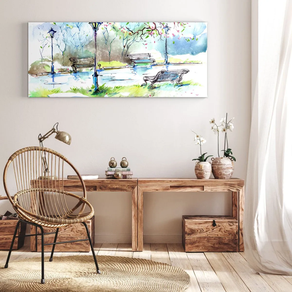 Obraz na płótnie - Akwarelowa scena parku z ławkami i lampami - 120x50cm - Czar parkowej ciszy - Nowoczesna dekoracja ścienna do salonu i sypialni ARTTOR