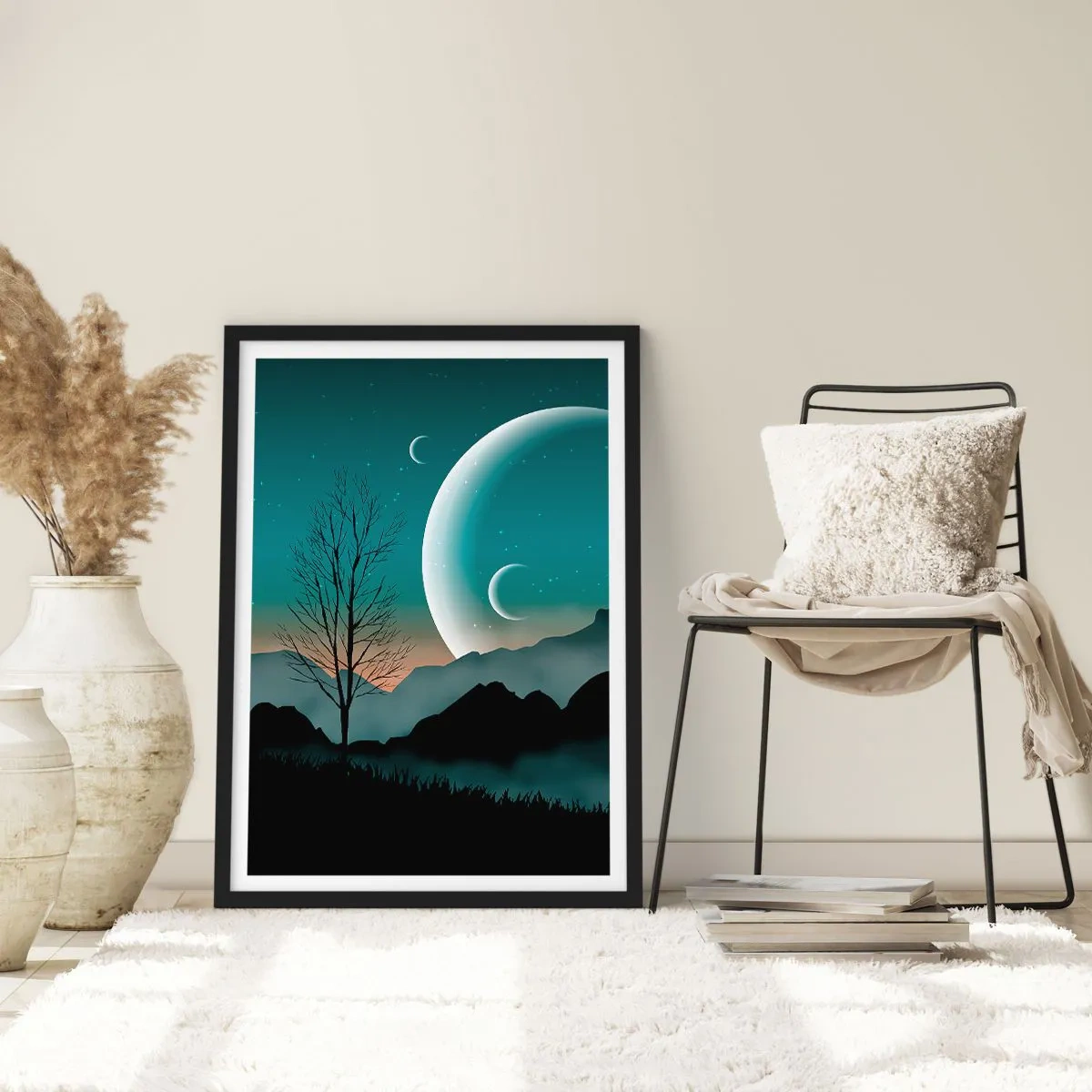 Plakat w czarnej ramie - Artystyczny pejzaż z księżycem na tle gór i drzewa - 50x70cm - Karnawał gwiaździstej nocy - Nowoczesna dekoracja ścienna do salonu i sypialni ARTTOR