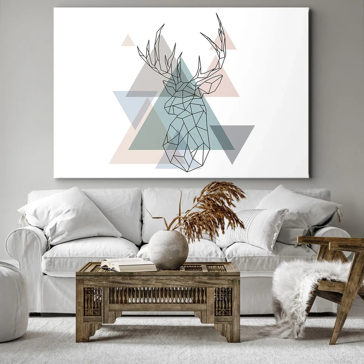 Obraz na płótnie - Geometryczny jeleń na tle pastelowych trójkątów - 70x50cm - W geometrycznym lesie - Nowoczesna dekoracja ścienna do salonu i sypialni ARTTOR