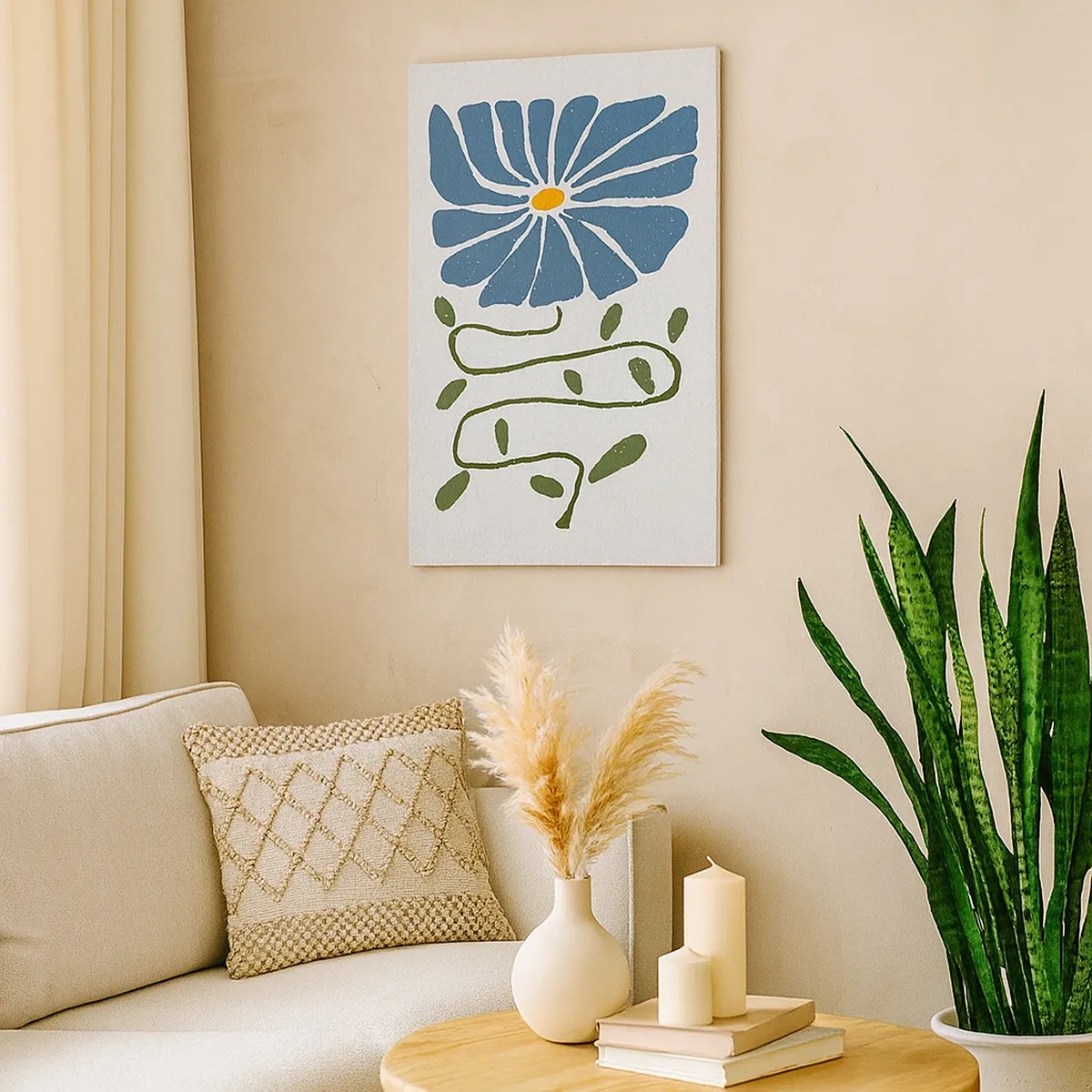 Obraz na płótnie - Niebieski kwiat z wijącą się zieloną łodygą na jasnym tle - 50x70cm - Gałązką do kwiatu - Nowoczesna dekoracja ścienna do salonu, kuchni i sypialni ARTTOR