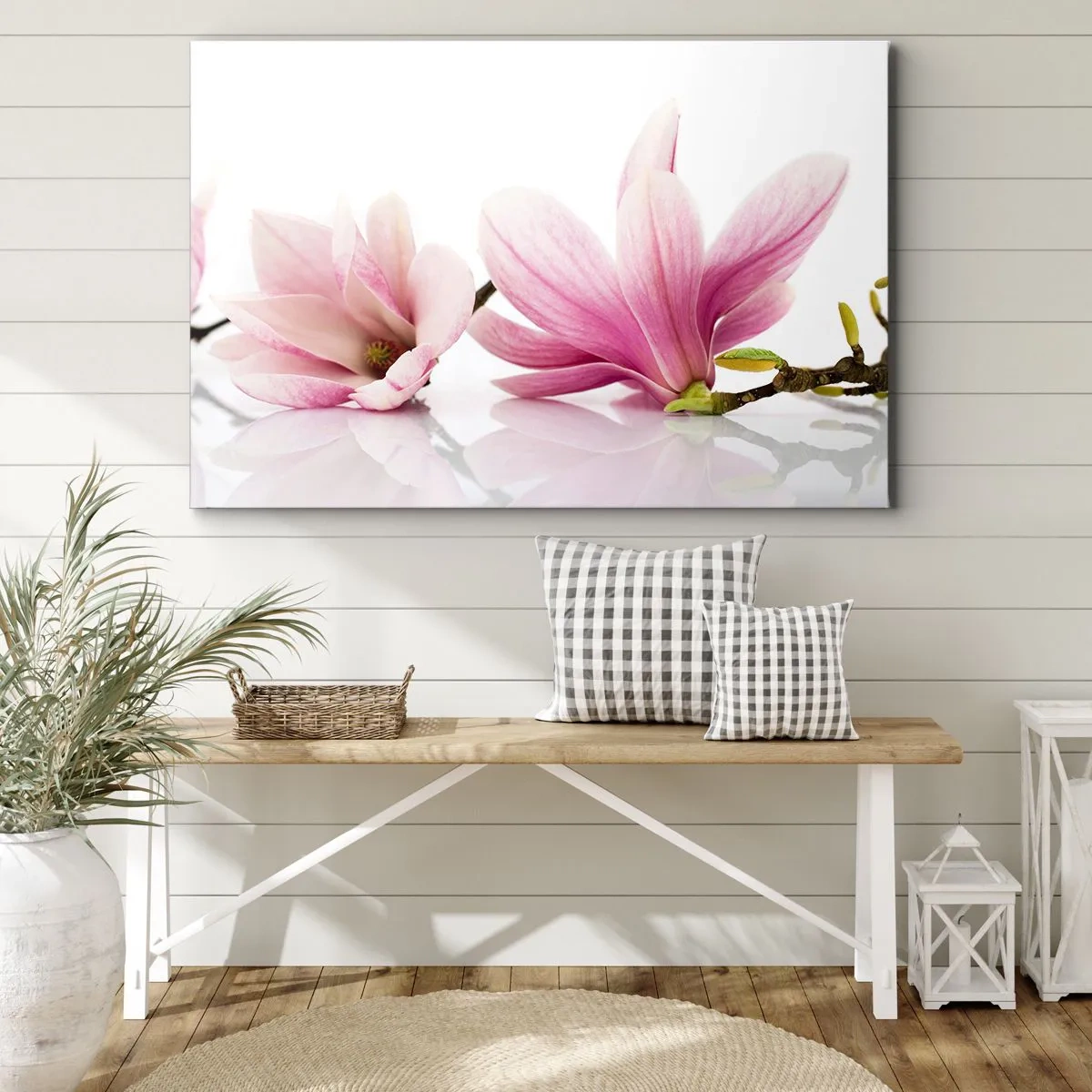 Obraz na płótnie - Delikatne różowe magnolie na białym tle - 70x50cm - Delikatne jak powiew wiosny - Nowoczesna dekoracja ścienna do salonu i sypialni ARTTOR