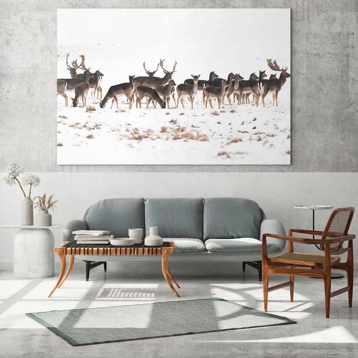Obraz na szkle - Fotografia przedstawiająca stado jeleni w śnieżnym krajobrazie - 70x50cm - Idą święta? - Nowoczesna dekoracja ścienna do salonu i sypialni ARTTOR