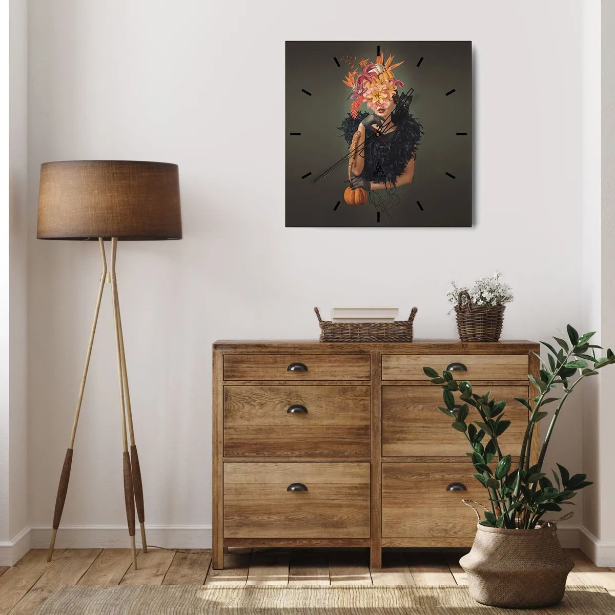 Zegar ścienny - Portret kobiety z jesiennymi motywami i kotem - 30x30cm - Czar wiedźmy - Nowoczesna dekoracja ścienna do salonu i sypialni ARTTOR