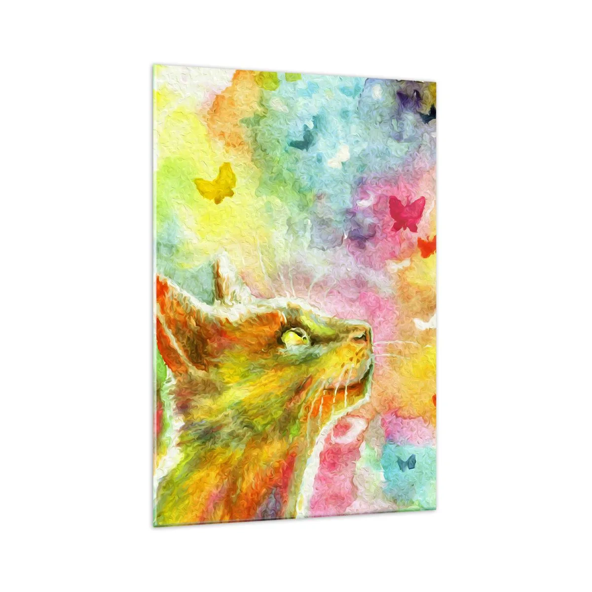 Obraz na szkle - Kot w otoczeniu kolorowych motyli - 70x100cm - Baju-baju w kocim raju - Nowoczesna dekoracja ścienna do salonu i sypialni ARTTOR
