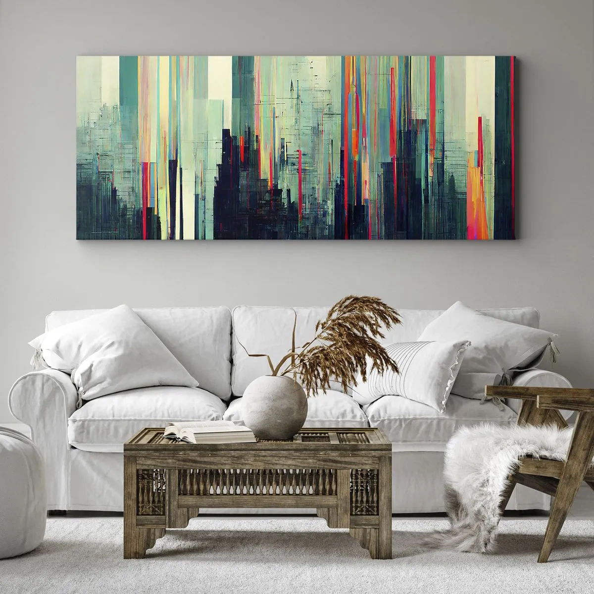 Obraz na płótnie - Abstrakcja z pionowymi liniami i miejską panoramą - 140x50cm - Futurystyczne miasto - Nowoczesna dekoracja ścienna do salonu i sypialni ARTTOR