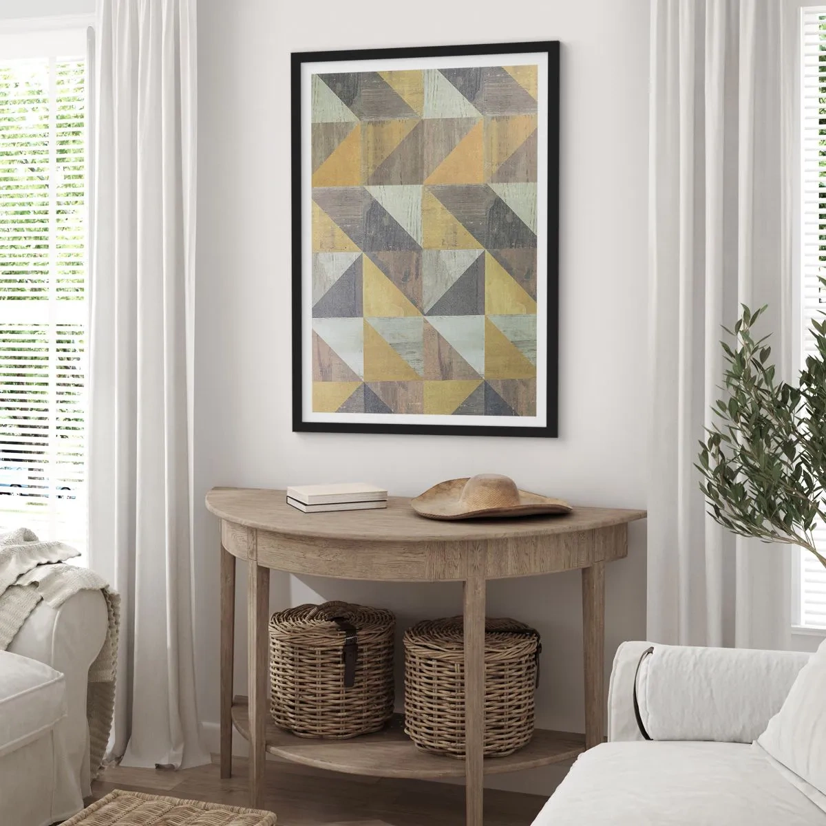 Plakat w czarnej ramie - Geometryczny wzór w odcieniach złota i szarości - 50x70cm - Pod kątem trójkąta - Nowoczesna dekoracja ścienna do salonu i sypialni ARTTOR