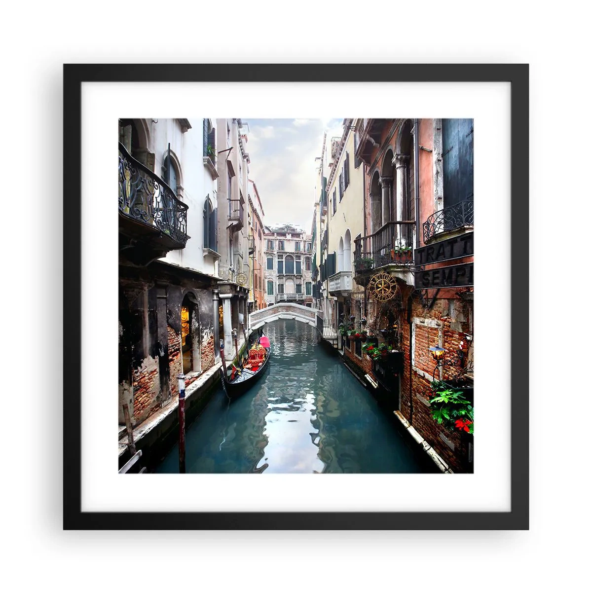 Plakat w czarnej ramie - Pejzaż wenecki z gondolą i mostkiem - 40x40 cm