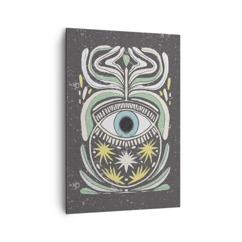 Obraz na płótnie - Symboliczne oko w otoczeniu abstrakcyjnych wzorów - 70x100cm - Plemienne rytuały - Nowoczesna dekoracja ścienna do salonu i sypialni ARTTOR
