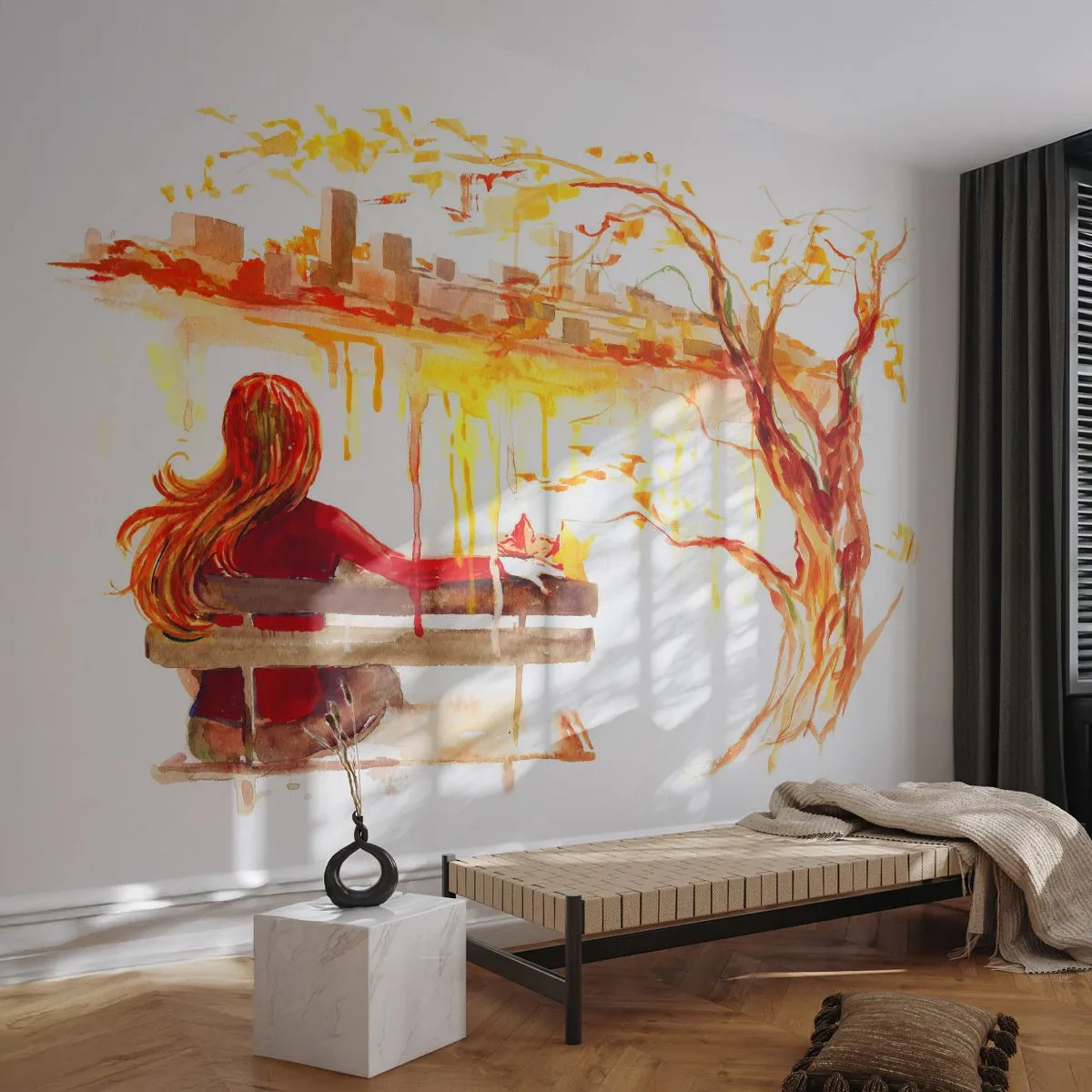 Fototapeta Premium Sand - Kobieta na ławce patrząca na miasto w akwarelowym stylu - 100x70cm - Chwila zadumy - Nowoczesna dekoracja ścienna do salonu, kuchni i sypialni ARTTOR