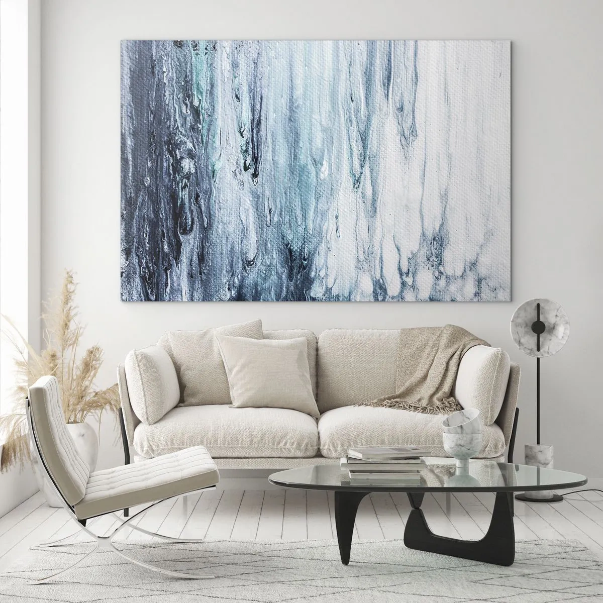 Obraz na szkle - Abstrakcyjny wzór przypominający wodne strugi w odcieniach niebieskiego - 70x50cm - Sople błękitu - Nowoczesna dekoracja ścienna do salonu i sypialni ARTTOR