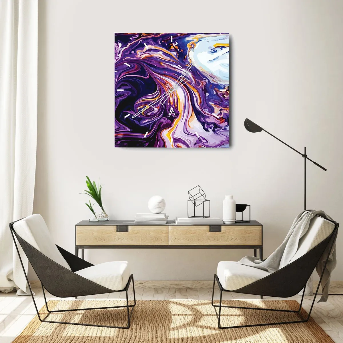 Zegar ścienny - Dynamiczny abstrakcyjny wzór w odcieniach fioletu i żółci - 30x30cm - Zagięcie przetrzeni we fiolecie - Nowoczesna dekoracja ścienna do salonu i sypialni ARTTOR
