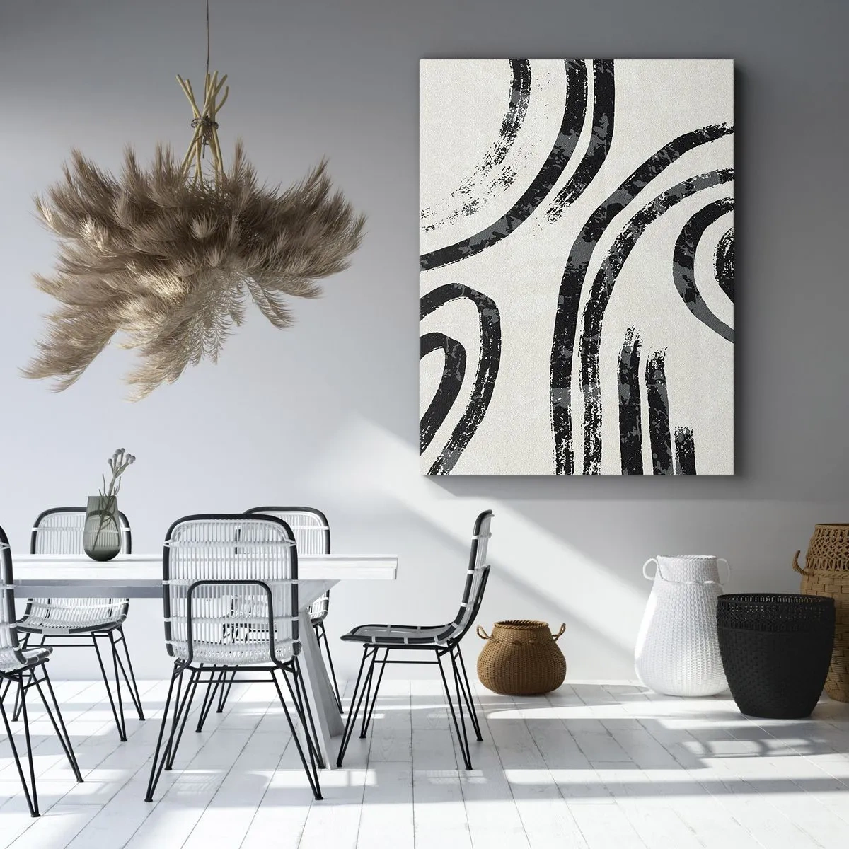 Obraz na płótnie - Abstrakcyjne, czarne linie o dynamicznej fakturze na jasnym tle - 50x70cm - W pół zatrzymany - Nowoczesna dekoracja ścienna do salonu, kuchni i sypialni ARTTOR