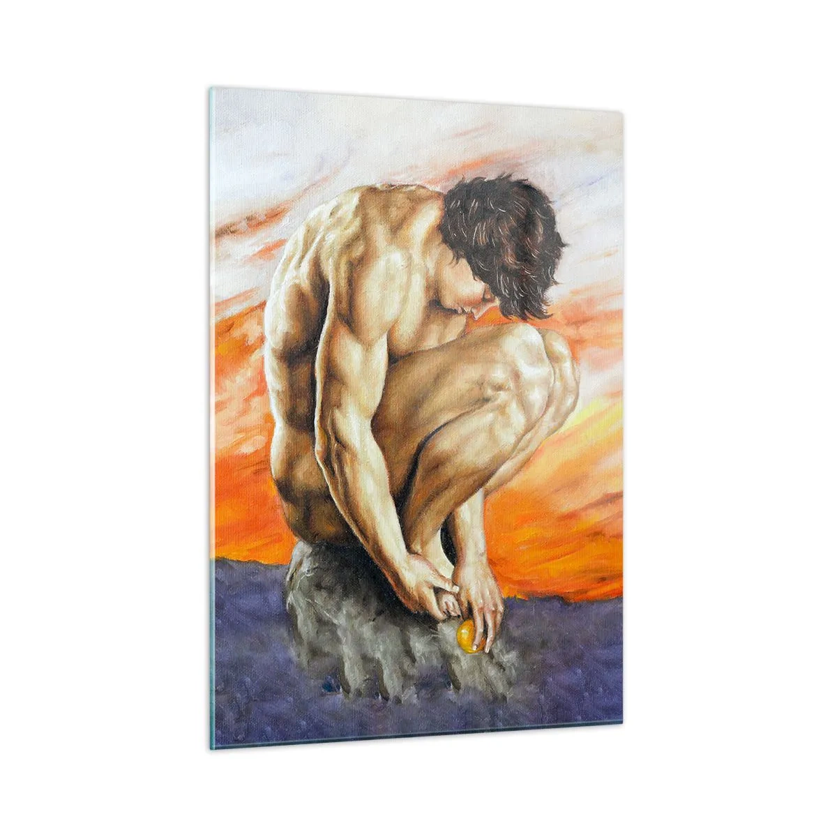 Obraz na szkle - Nagie ludzkie ciało na tle intensywnego pomarańczowego nieba - 50x70cm - Zatopiony w sobie - Nowoczesna dekoracja ścienna do salonu, kuchni i sypialni ARTTOR