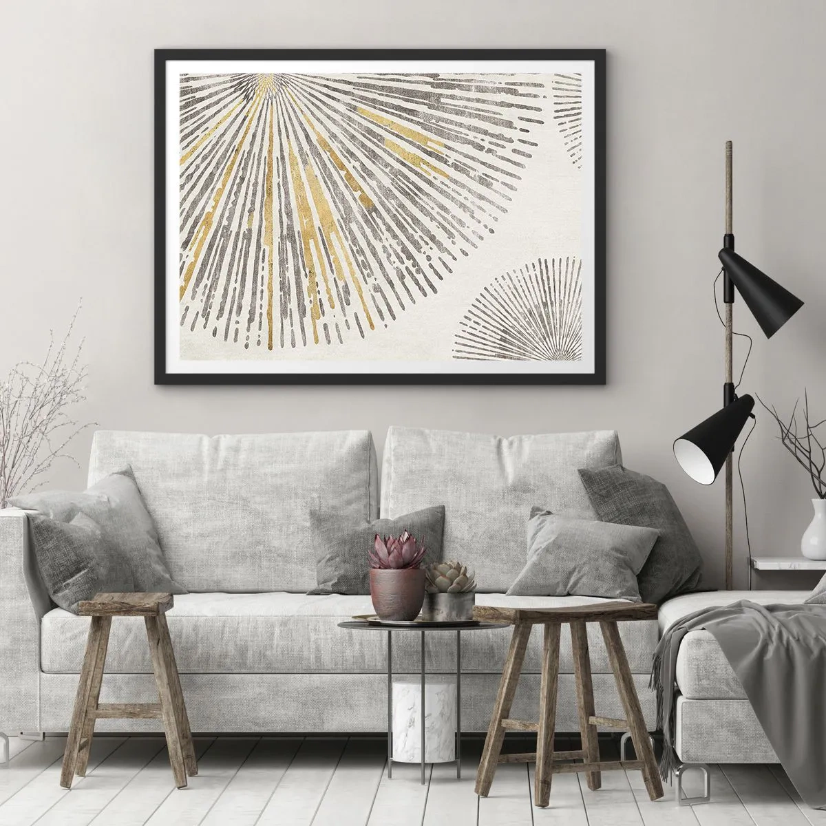 Plakat w czarnej ramie - Abstrakcyjny wzór w kształcie promieni - 70x50cm - Uroda promienia - Nowoczesna dekoracja ścienna do salonu i sypialni ARTTOR