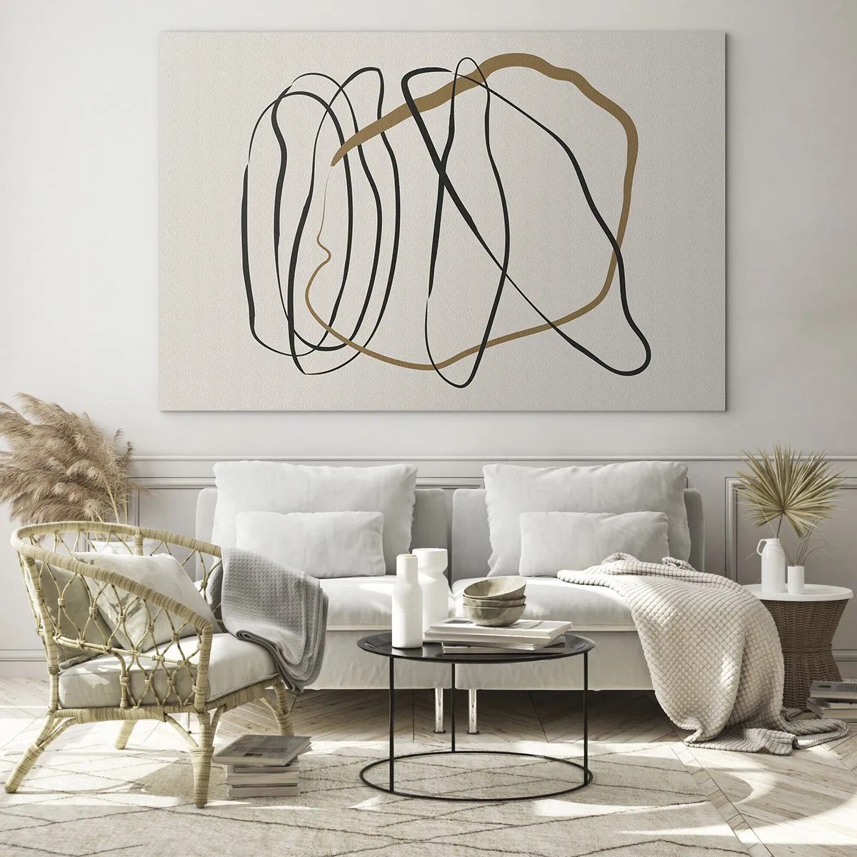 Obraz na szkle - Ekspresyjna kompozycja linii w czerni i brązie na jasnym tle - 70x50cm - Kompozycja – taniec opętaniec - Nowoczesna dekoracja ścienna do salonu i sypialni ARTTOR