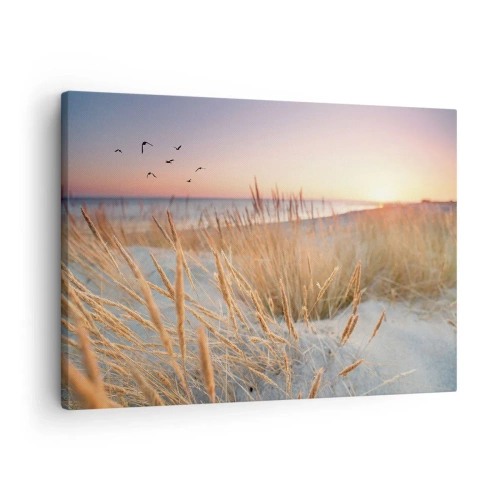 Obraz na płótnie - Plaża o zachodzie słońca z wysokimi trawami - 70x50cm - Bałtycka kołysanka - Nowoczesna dekoracja ścienna do salonu i sypialni ARTTOR