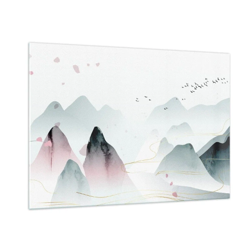 Obraz na szkle - Pastelowe góry z lecącym stadem ptaków i złotymi liniami - 100x70cm - Ponad szczytami - Nowoczesna dekoracja ścienna do salonu, kuchni i sypialni ARTTOR