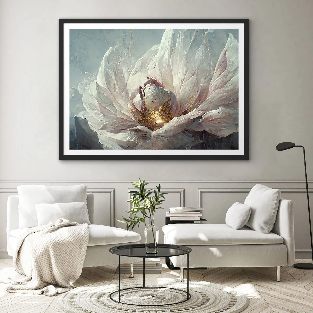 Plakat w czarnej ramie - Delikatny biały kwiat z subtelnymi złotymi akcentami - 70x50cm - Rozkwita raz na sto lat - Nowoczesna dekoracja ścienna do salonu i sypialni ARTTOR