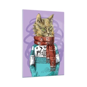 Obraz na szkle - Kot w swetrze i szaliku na fioletowym tle - 70x100cm - Kot nie tylko w butach - Nowoczesna dekoracja ścienna do salonu i sypialni ARTTOR