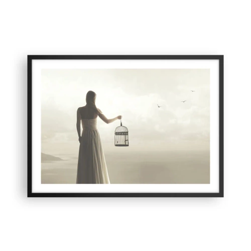 Plakat w czarnej ramie - Kobieta z klatką na tle spokojnego nieba - 70x50cm - Bądź wolna - Nowoczesna dekoracja ścienna do salonu i sypialni ARTTOR