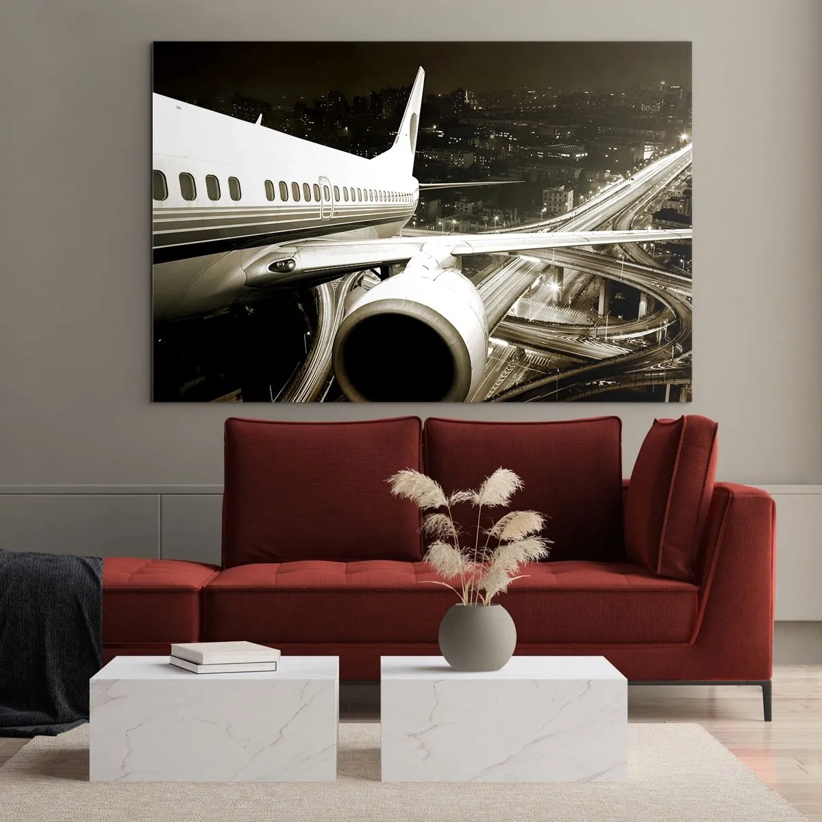 Obraz na szkle - Samolot nad miastem nocą w industrialnym klimacie - 70x50cm - Wzlecieć w noc - Nowoczesna dekoracja ścienna do salonu i sypialni ARTTOR