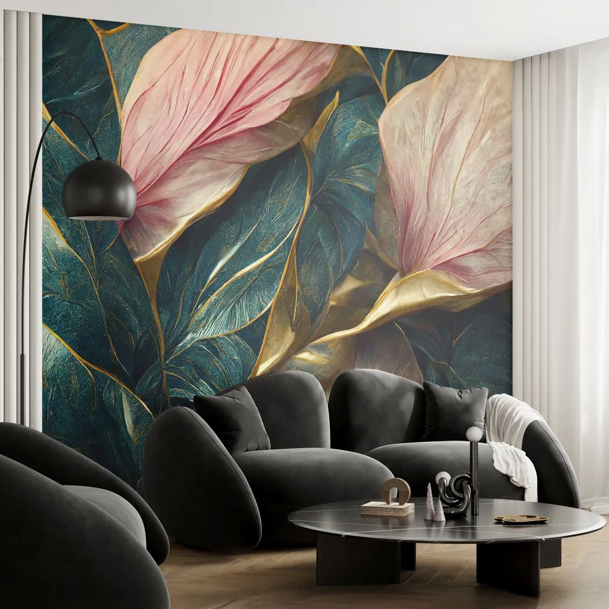 Fototapeta Premium Sand - Liście w odcieniach zieleni, złota i pudrowego różu - 100x70cm - Naturalna elegancja i styl - Nowoczesna dekoracja ścienna do salonu, kuchni i sypialni ARTTOR