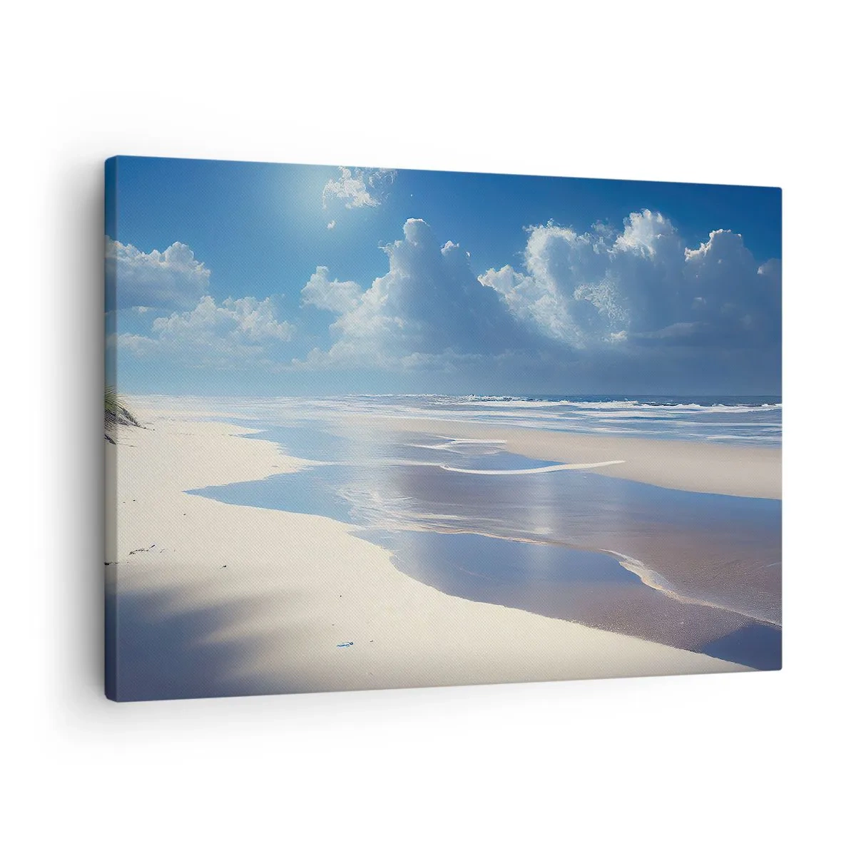 Obraz na płótnie - Piaszczysta plaża z falami pod błękitnym niebem - 70x50cm - Rajskie wakacje - Nowoczesna dekoracja ścienna do salonu i sypialni ARTTOR