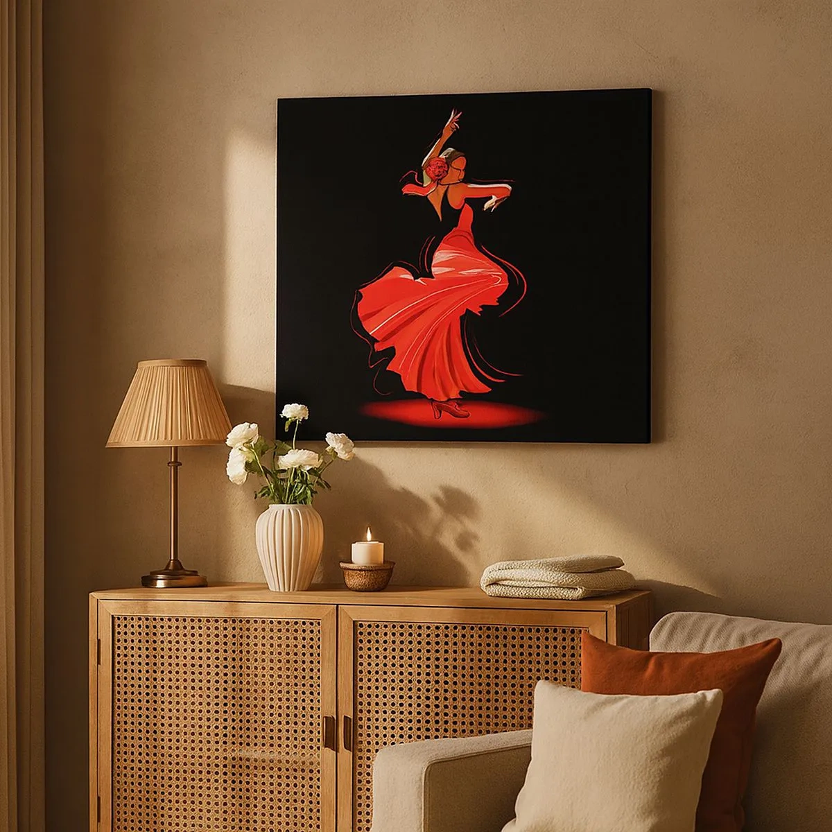 Obraz na płótnie - Tancerka flamenco w czerwonej sukni na czarnym tle - 70x50cm - Ognisty duch flamenco - Nowoczesna dekoracja ścienna do salonu i sypialni ARTTOR