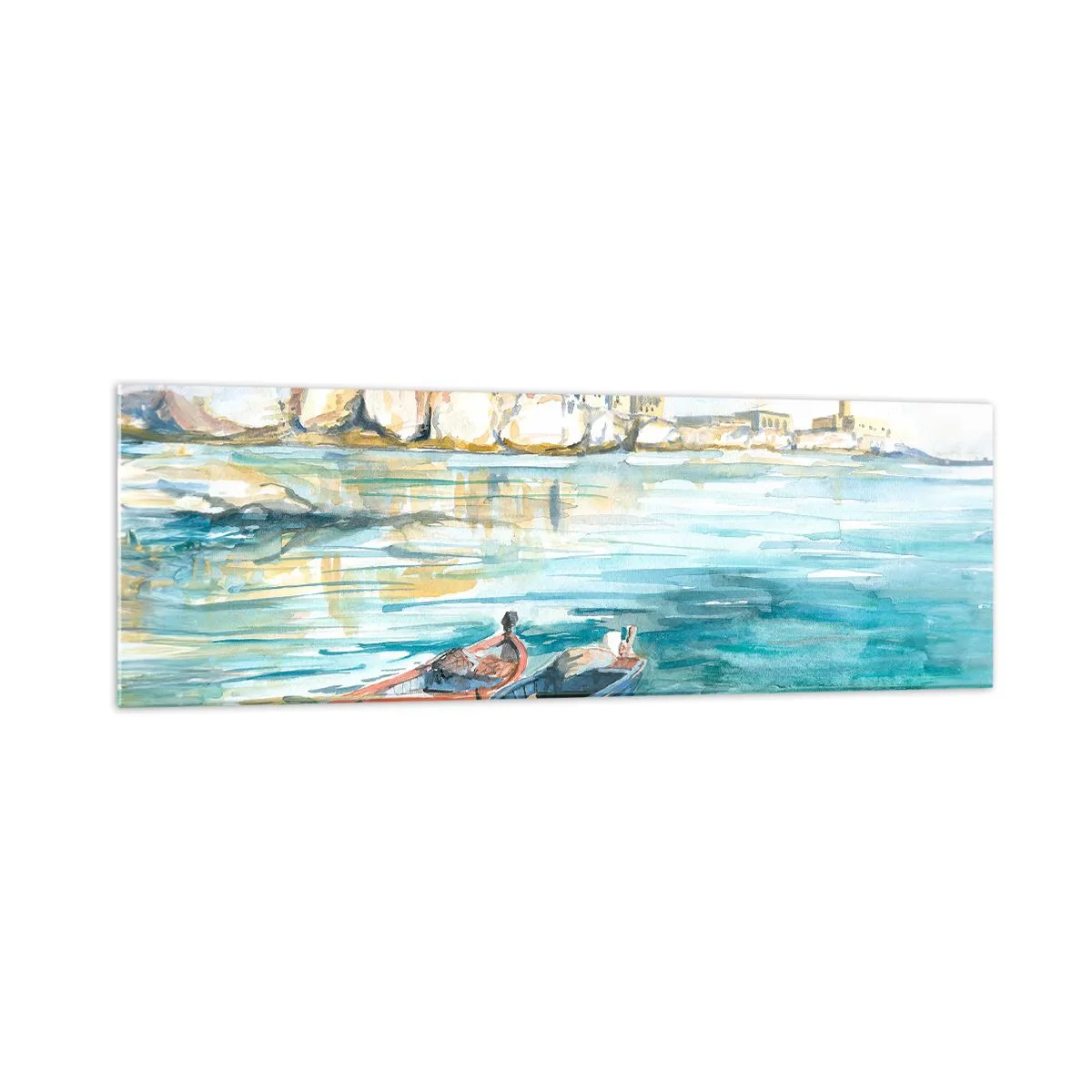 Obraz na szkle - Malowniczy krajobraz nadmorski z łodziami na wodzie - 160x50cm - Pejzaż w lazurze - Nowoczesna dekoracja ścienna do salonu i sypialni ARTTOR
