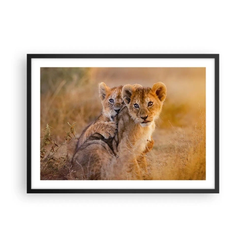 Plakat w czarnej ramie - Urocze lwiątka w naturalnym otoczeniu - 70x50cm - Nie przeszkadzać! Bawimy się - Nowoczesna dekoracja ścienna do salonu i sypialni ARTTOR
