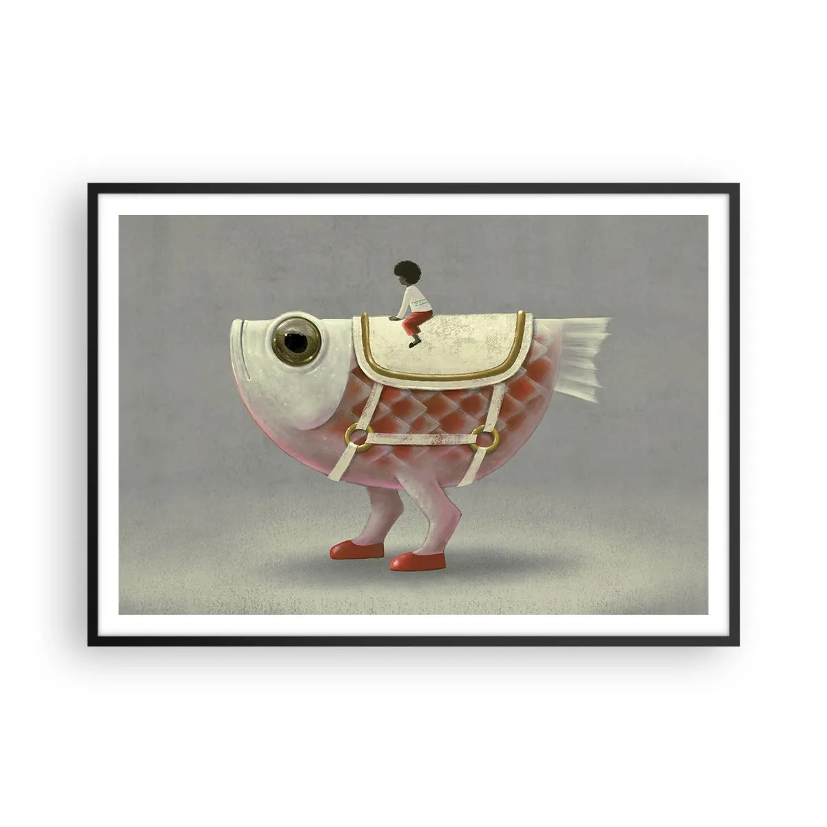 Plakat w czarnej ramie - Fantazyjny jeździec na rybie z nogami i siodłem - 100x70cm - Ryboński jeździec - Nowoczesna dekoracja ścienna do salonu i sypialni ARTTOR