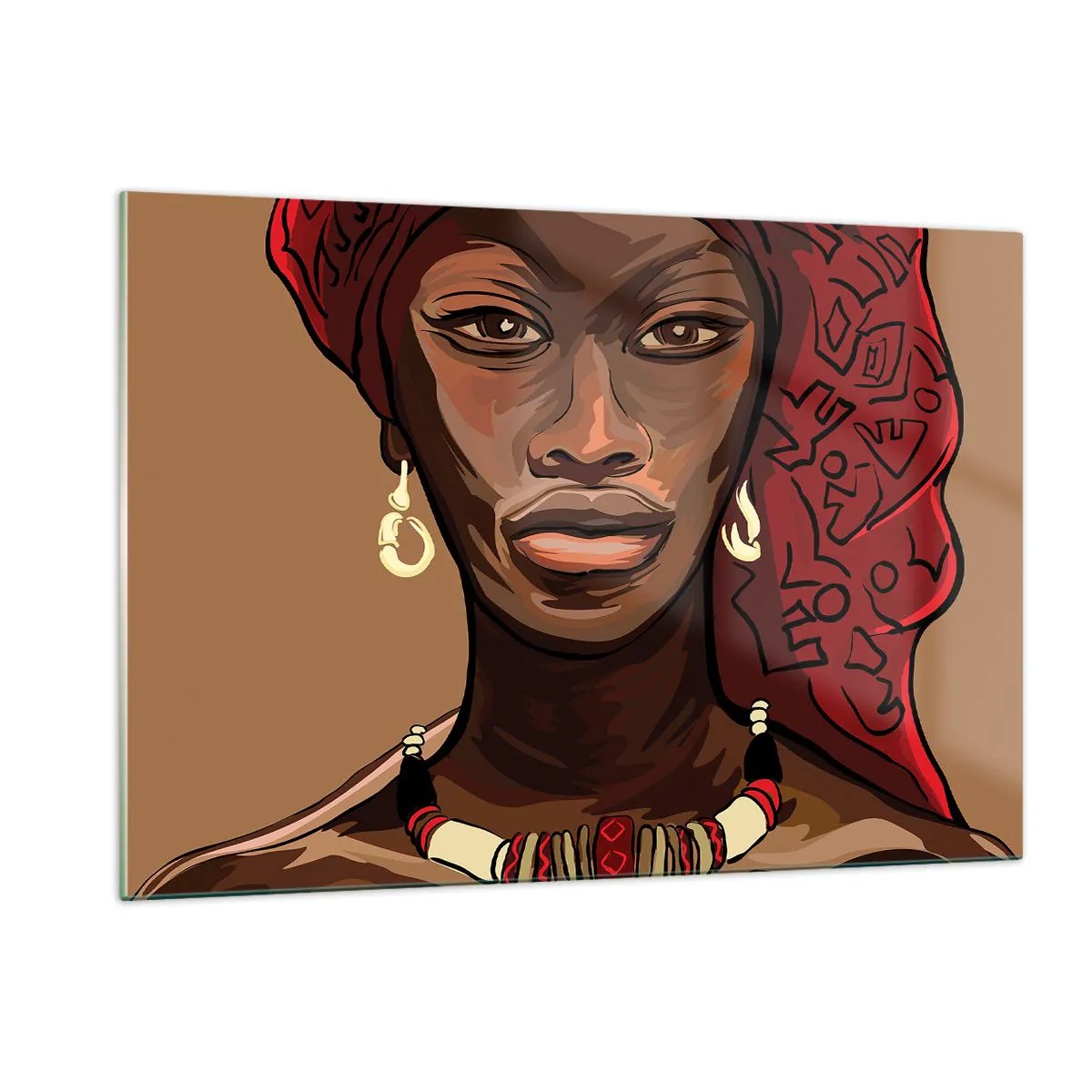 Obraz na szkle - Stylizowany portret kobiety w czerwonym turbanie z biżuterią - 120x80cm - Hebanowa Wenus - Nowoczesna dekoracja ścienna do salonu, kuchni i sypialni ARTTOR