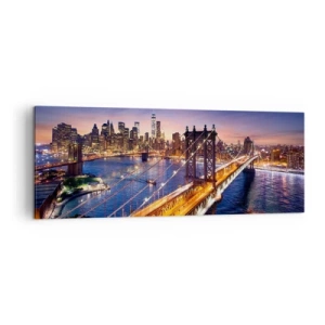 Obraz na płótnie - Most i panorama miasta o zachodzie słońca - 140x50cm - Świetlistym mostem do serca miasta - Nowoczesna dekoracja ścienna do salonu i sypialni ARTTOR