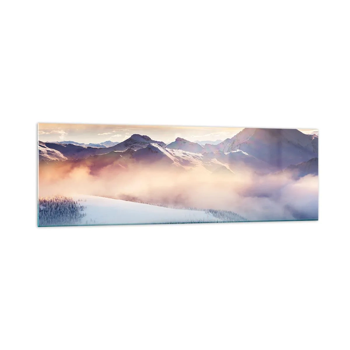 Obraz na szkle - Zaśnieżone góry o świcie z kolorowym niebem - 160x50cm - Siła i czystość natury - Nowoczesna dekoracja ścienna do salonu i sypialni ARTTOR
