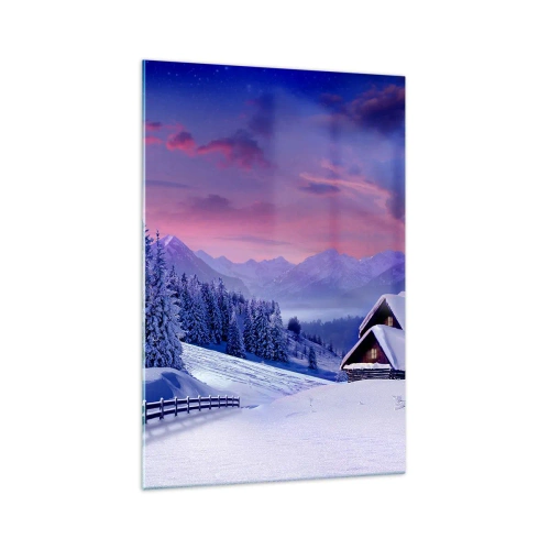 Obraz na szkle - Zimowy krajobraz z domkami w górach o zachodzie słońca - 70x100cm - Cicha noc - Nowoczesna dekoracja ścienna do salonu i sypialni ARTTOR